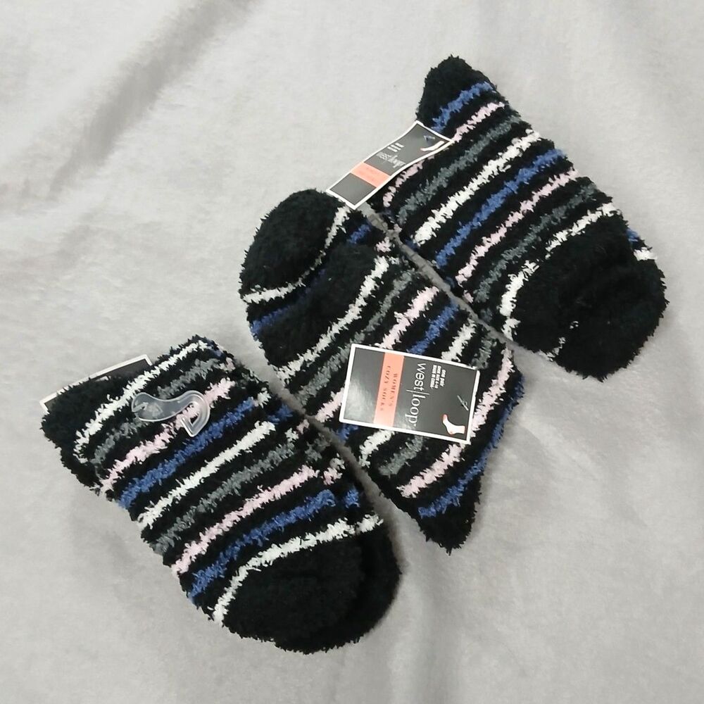 3 pair Westloop Fuzzy Crew Socks Blue Striped Warm Soft NWT Women's Size: 4-10